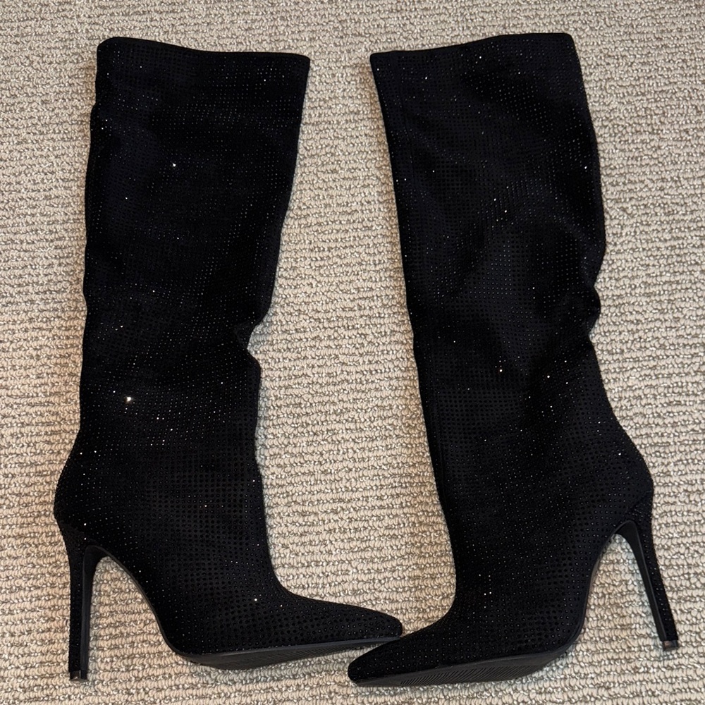 Azalea Wang Elegant Black Rhinestone Knee-High Women's Boots size 8